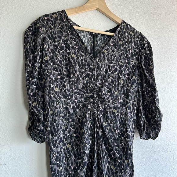 ALLSAINTS Josephine Waterleo Short Sleeve Ruched Leopard Print Mini Dress - Picture 11 of 12